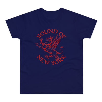 A navy blue t-shirt featuring a red graphic of a griffin and the text Sound of New York.