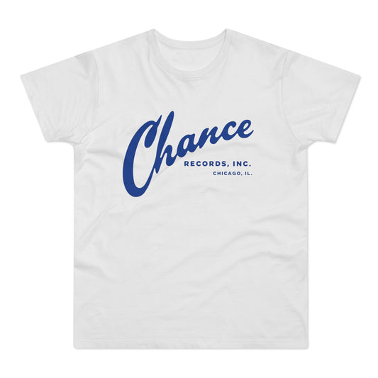 White t-shirt with blue "Chance Records, Inc. Chicago, IL" text.