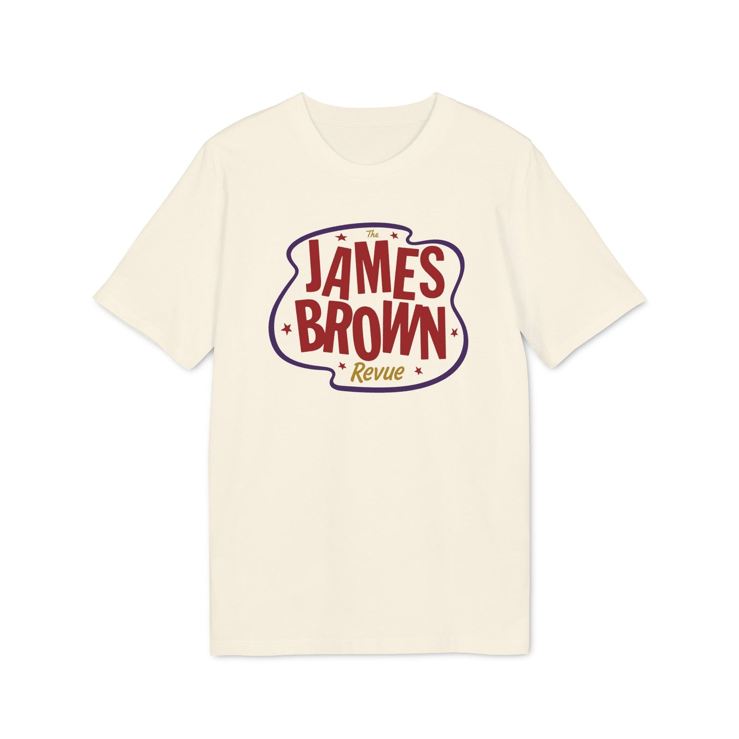 Cream t-shirt with "The James Brown Revue" text logo in red and purple.