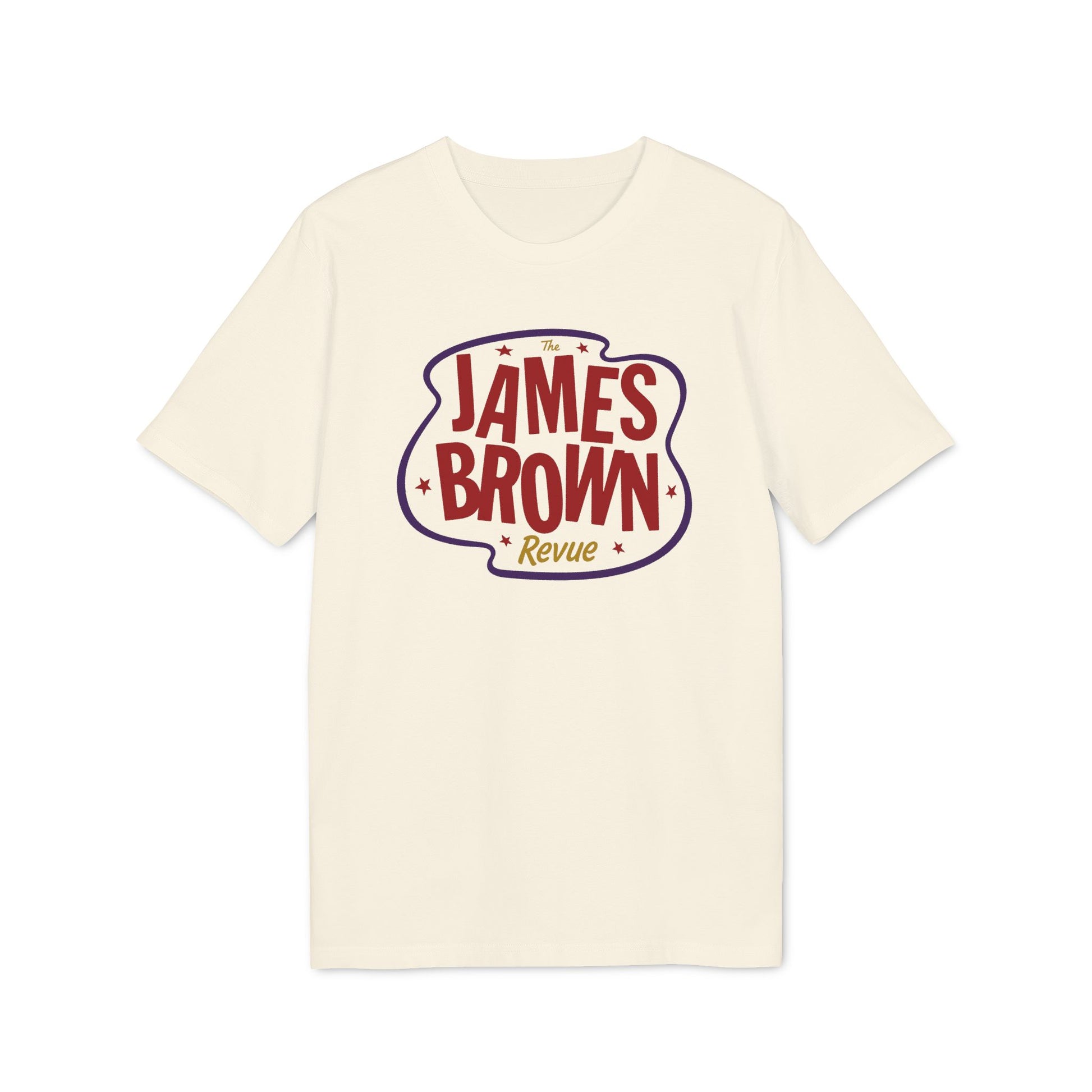 Cream t-shirt with "The James Brown Revue" text logo in red and purple.