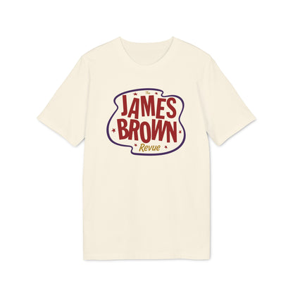 Cream t-shirt with "The James Brown Revue" text logo in red and purple.