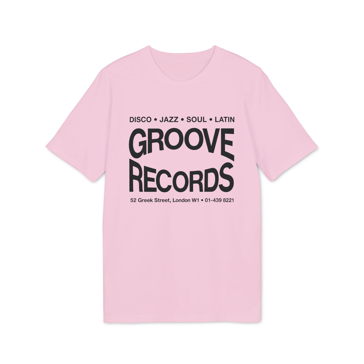 Light pink short-sleeve t-shirt featuring black text that reads "Groove Records" and London store details.