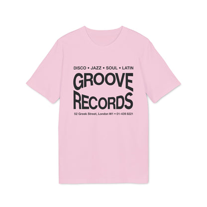 Light pink short-sleeve t-shirt featuring black text that reads "Groove Records" and London store details.