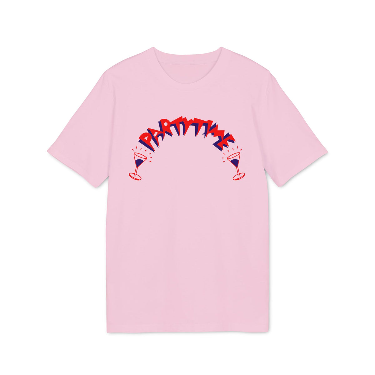Light pink short-sleeve t-shirt with curved red and blue Party Time text and cocktail glasses.