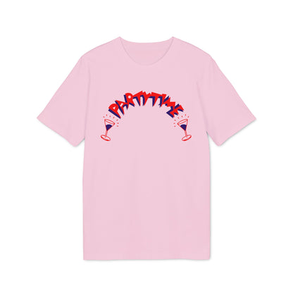 Light pink short-sleeve t-shirt with curved red and blue Party Time text and cocktail glasses.