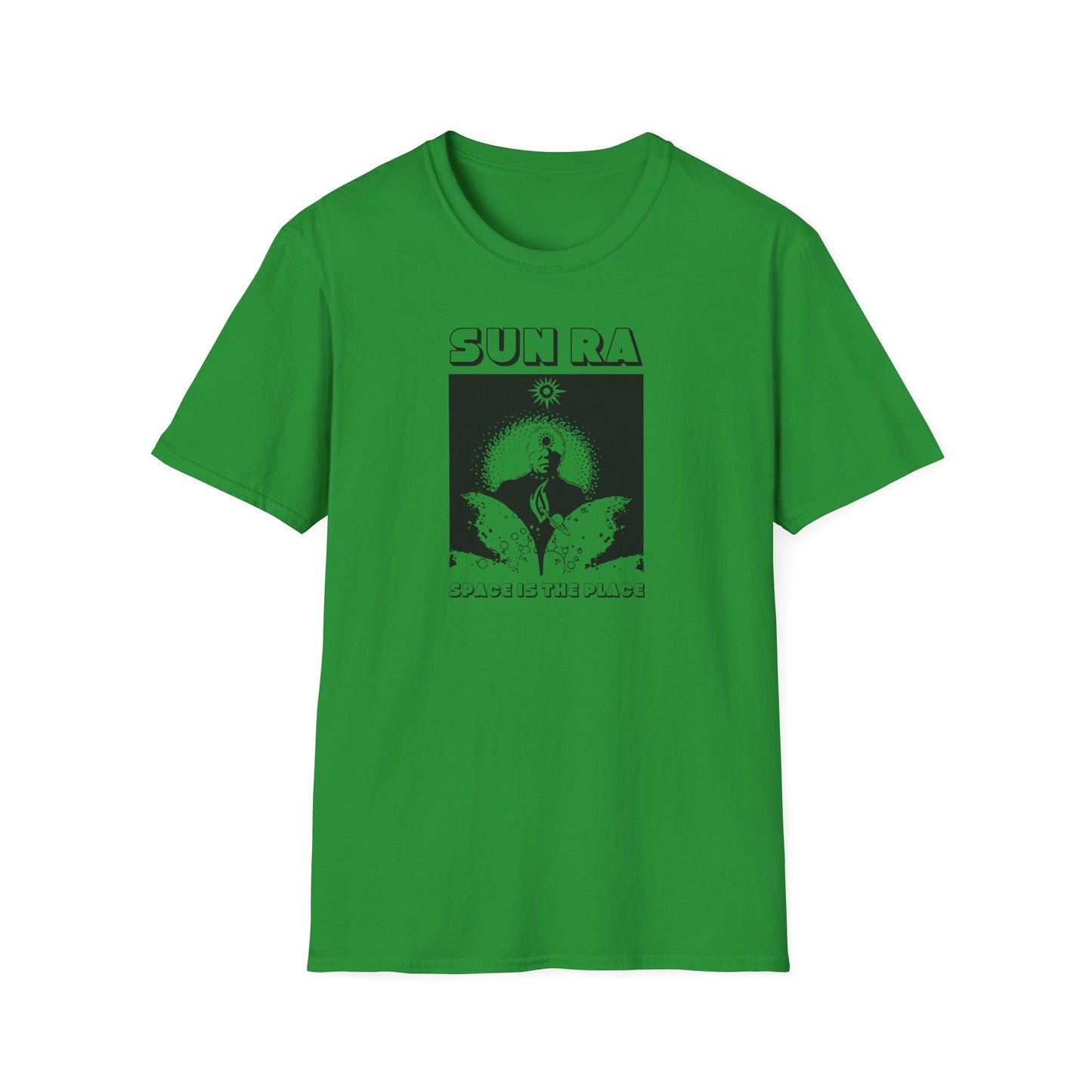 Green t-shirt with black illustration featuring Sun Ra and "Space is the Place" text.