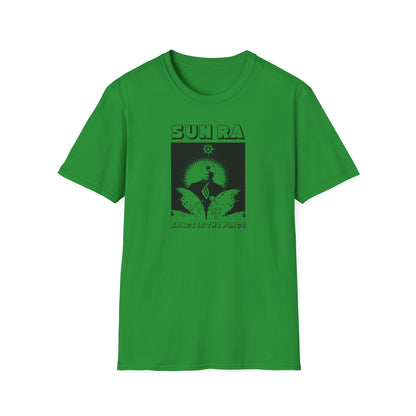 Green t-shirt with black illustration featuring Sun Ra and "Space is the Place" text.