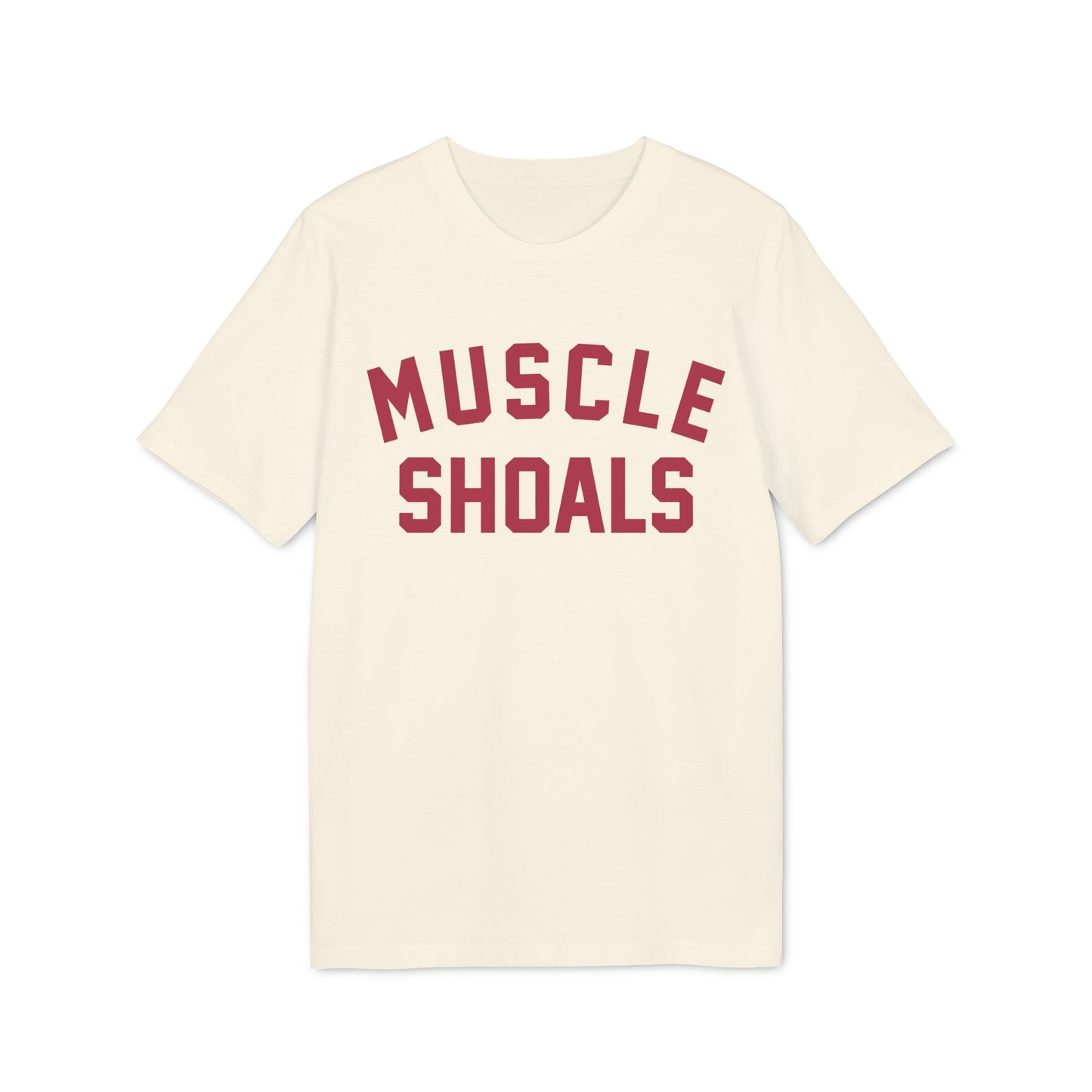 Cream t-shirt with maroon "MUSCLE SHOALS" text.