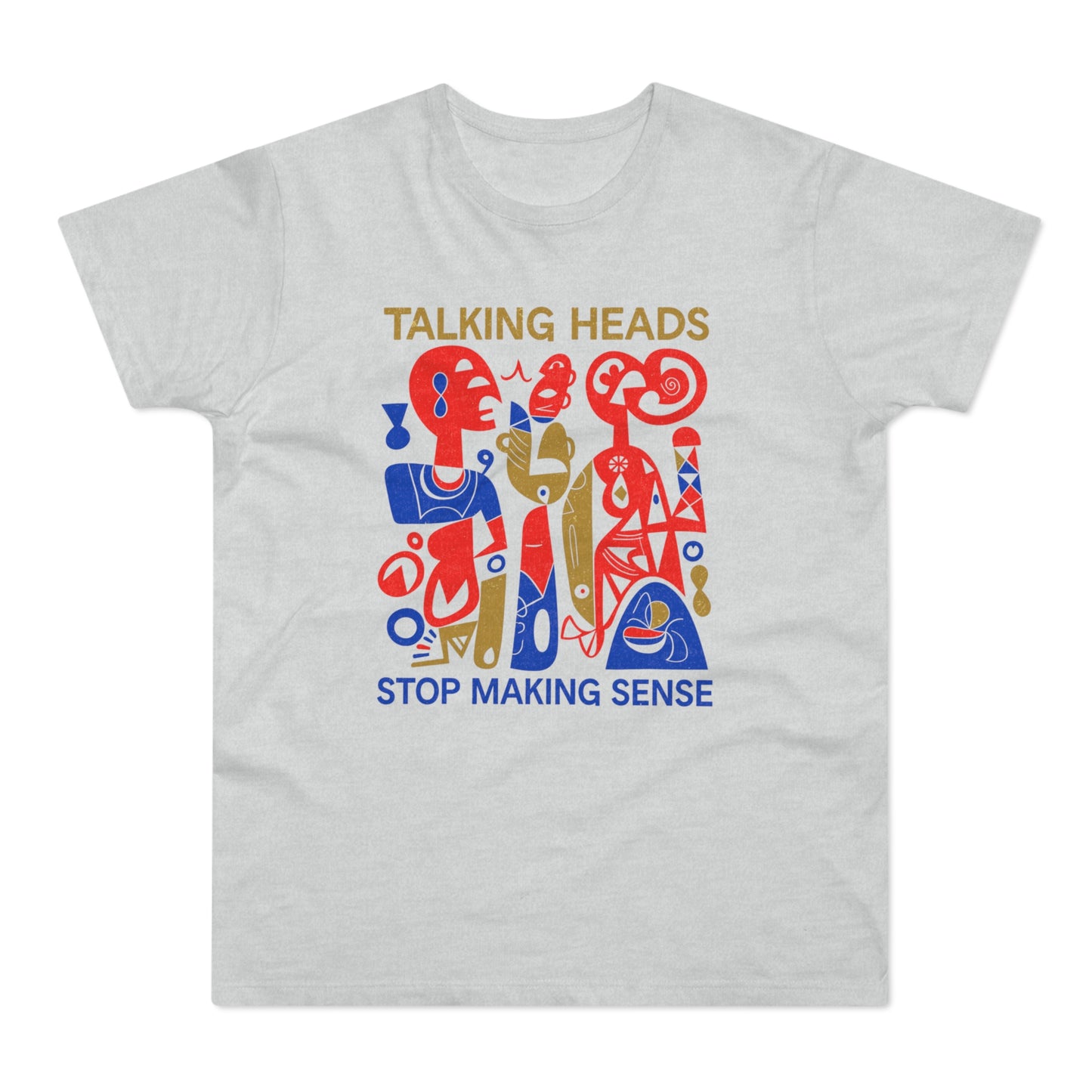 Talking Heads Stop Making Sense graphic on a grey t-shirt.