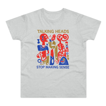 Talking Heads Stop Making Sense graphic on a grey t-shirt.