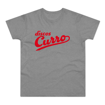 Grey t-shirt with red "discs Curro" text in script font.