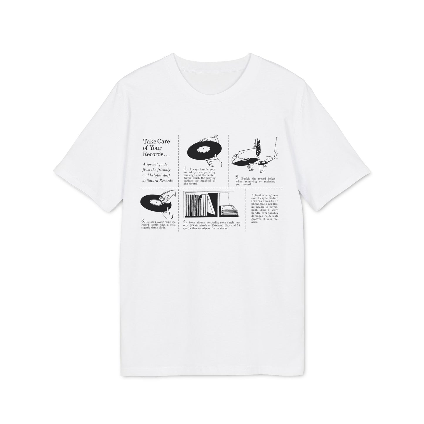 White t-shirt graphic with instructions on how to care for records.