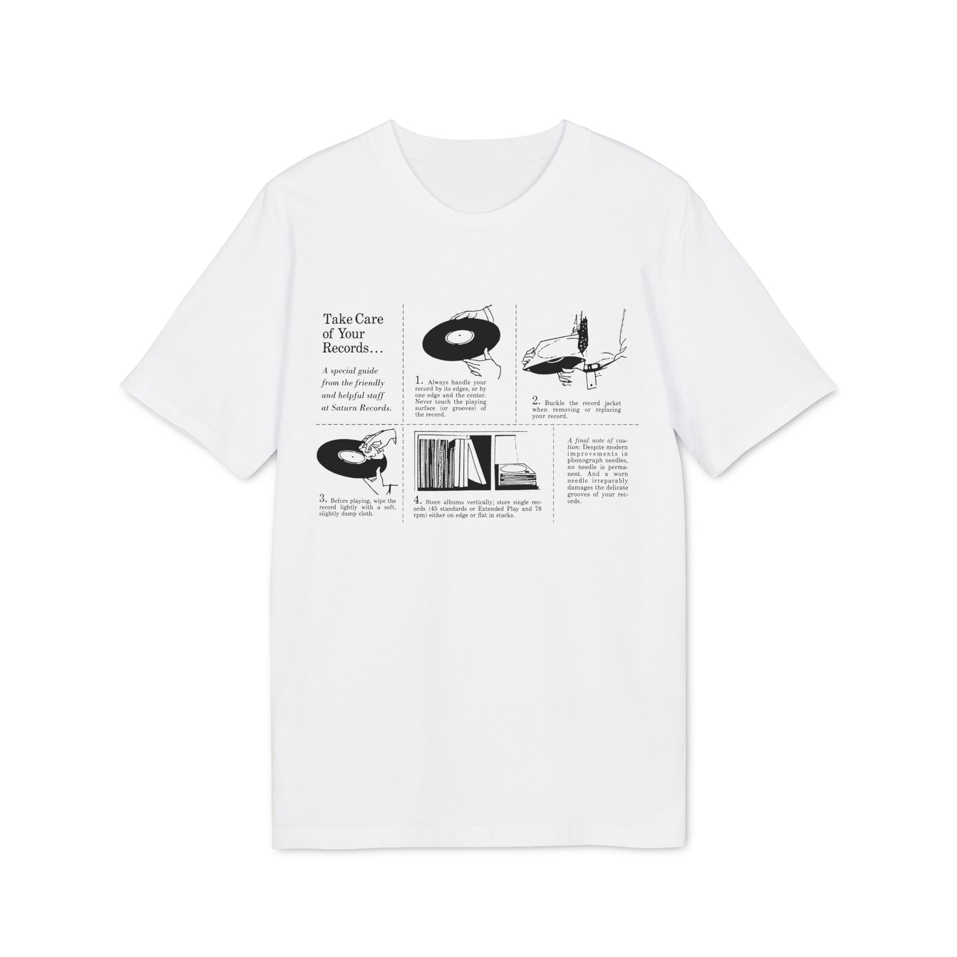 White t-shirt graphic with instructions on how to care for records.