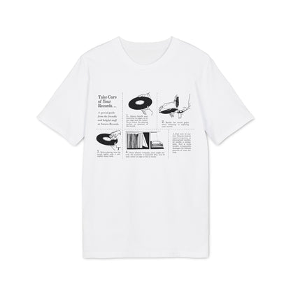 White t-shirt graphic with instructions on how to care for records.