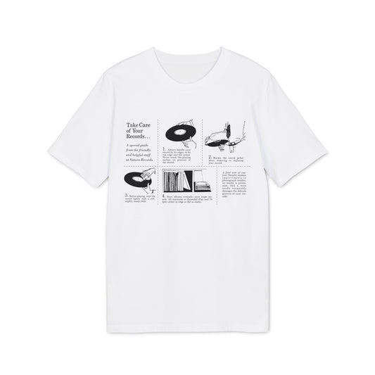 White t-shirt graphic with instructions on how to care for records.