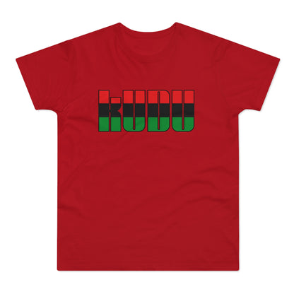 Red t-shirt with the word "KUDU" in block letters, colored black, red, and green.