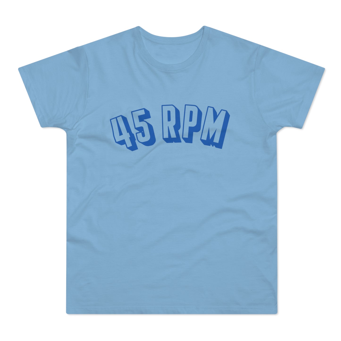Light blue t-shirt with "45 RPM" text in blue.