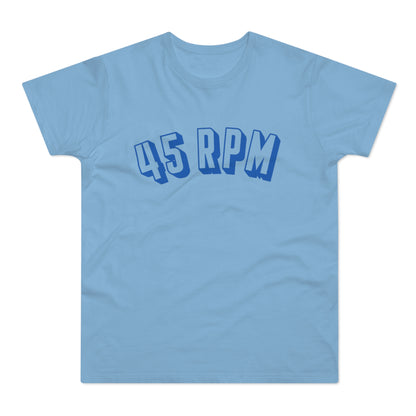 Light blue t-shirt with "45 RPM" text in blue.