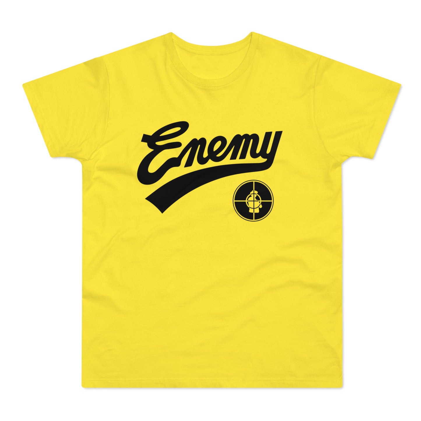 Yellow t-shirt with black "Enemy" text and target logo.