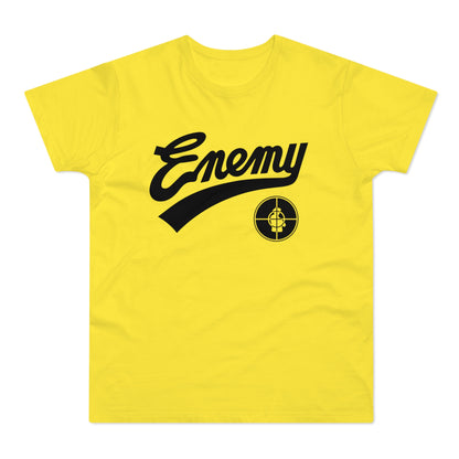 Yellow t-shirt with black "Enemy" text and target logo.