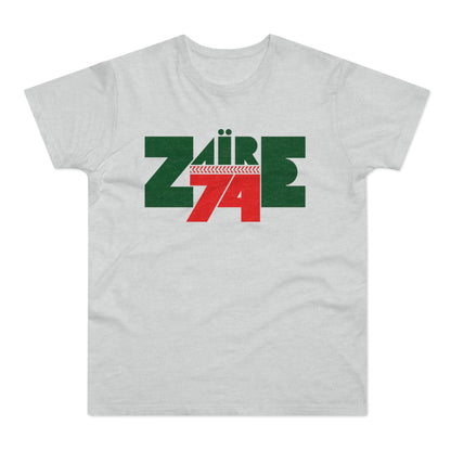 Grey t-shirt with green and red graphic text "ZAIRE 74".