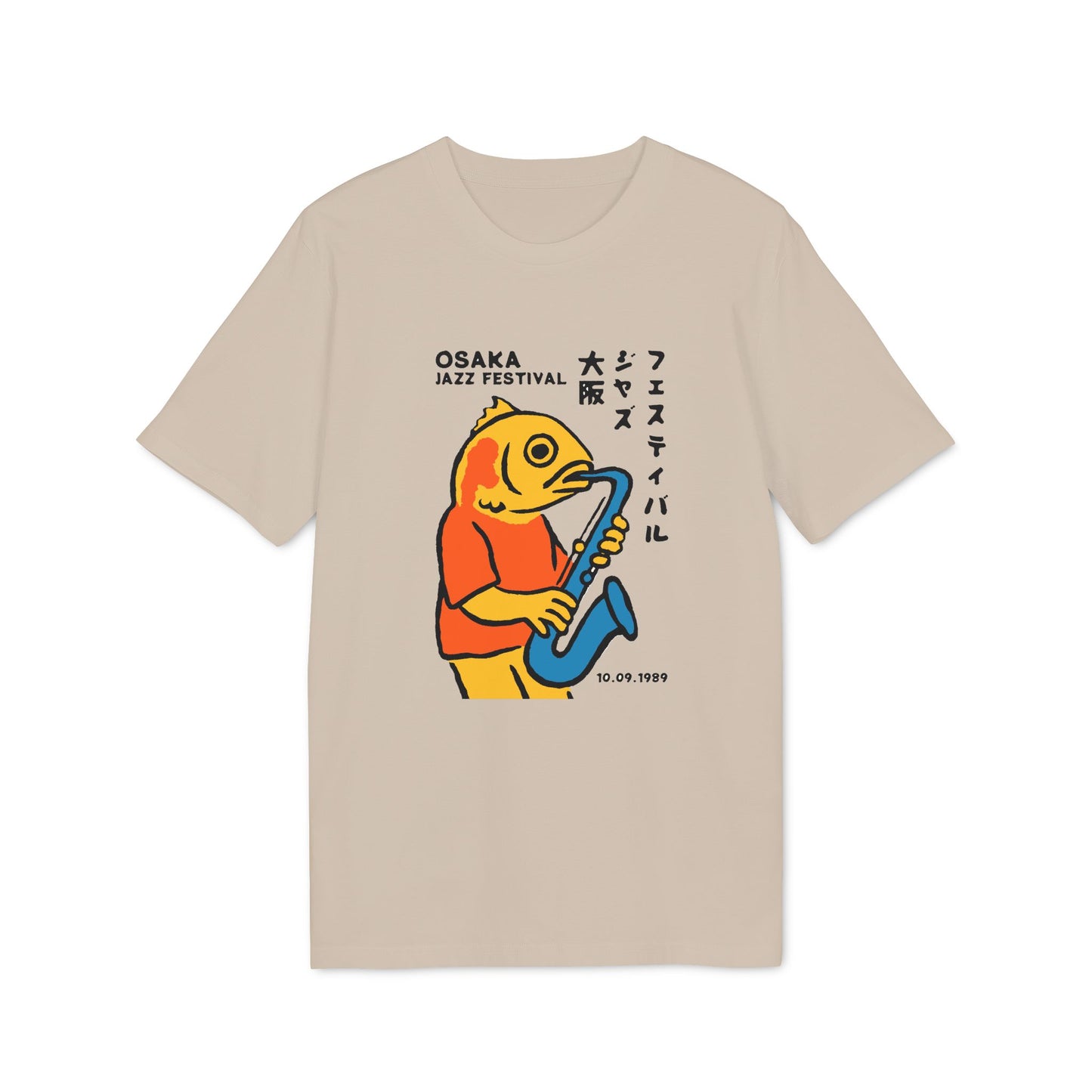 Osaka Jazz Festival t-shirt with a fish playing a saxophone, dated 10.09.1989.