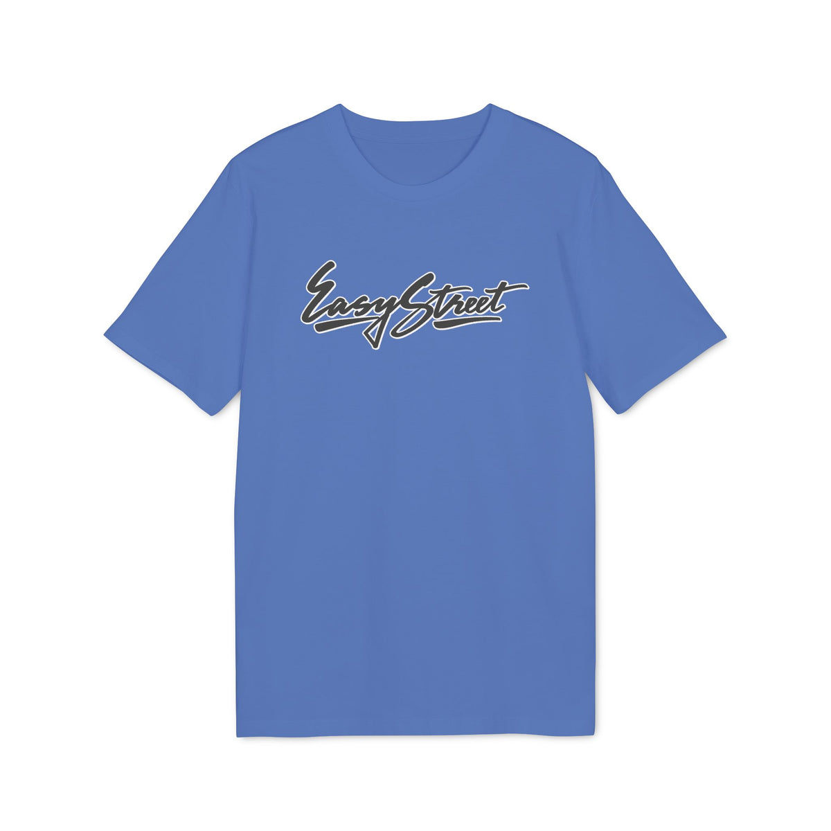 A blue short-sleeve t-shirt with the text "Easy Street" in a black script font across the chest.