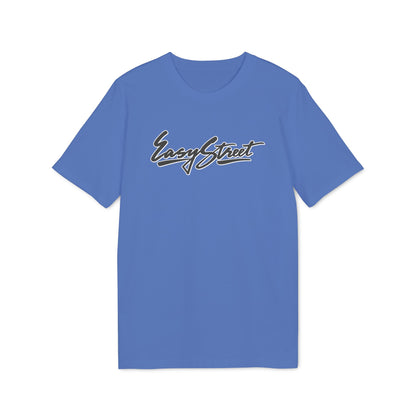 A blue short-sleeve t-shirt with the text "Easy Street" in a black script font across the chest.