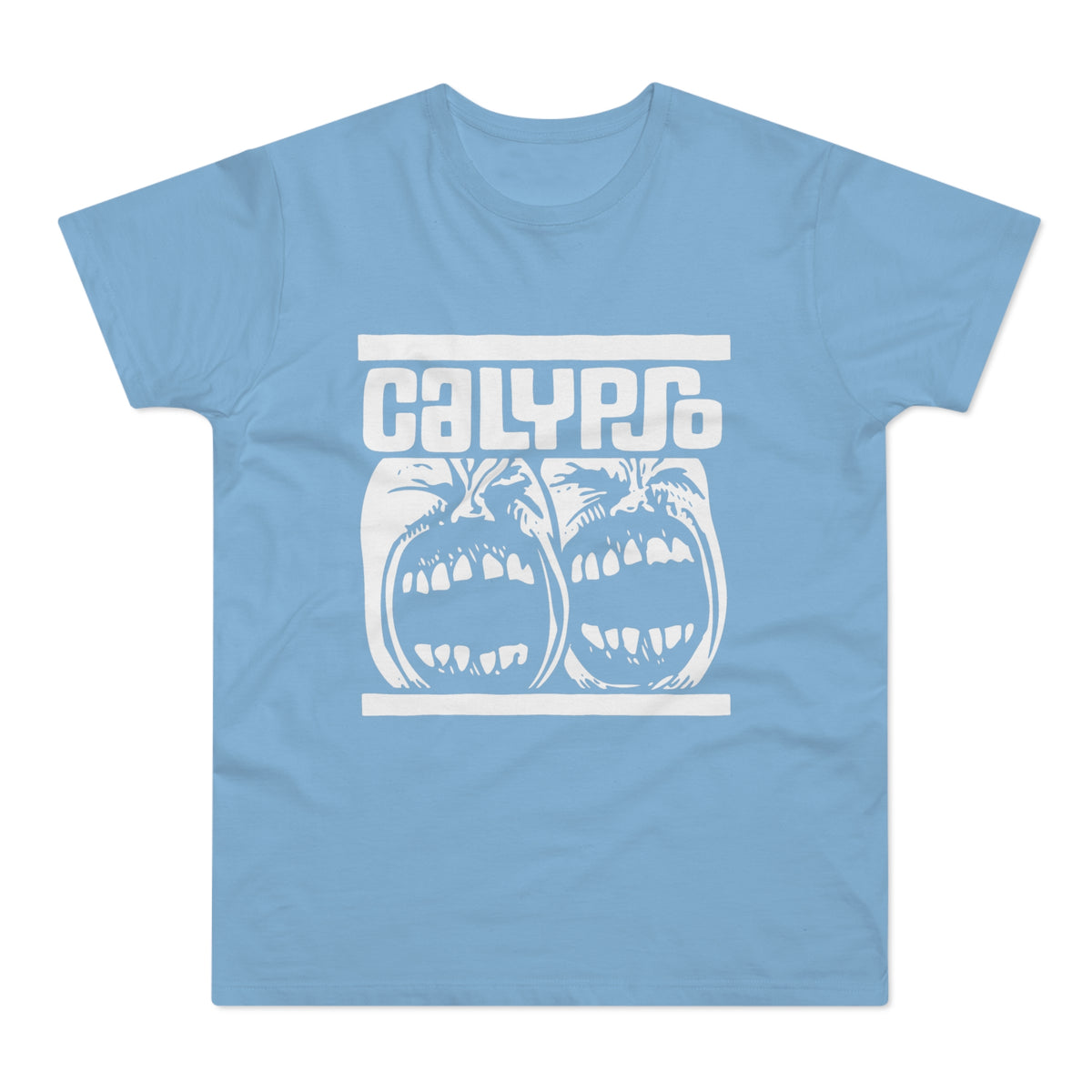 Light blue t-shirt with white "CALYPSO" text and screaming faces graphic.