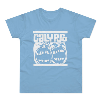Light blue t-shirt with white "CALYPSO" text and screaming faces graphic.