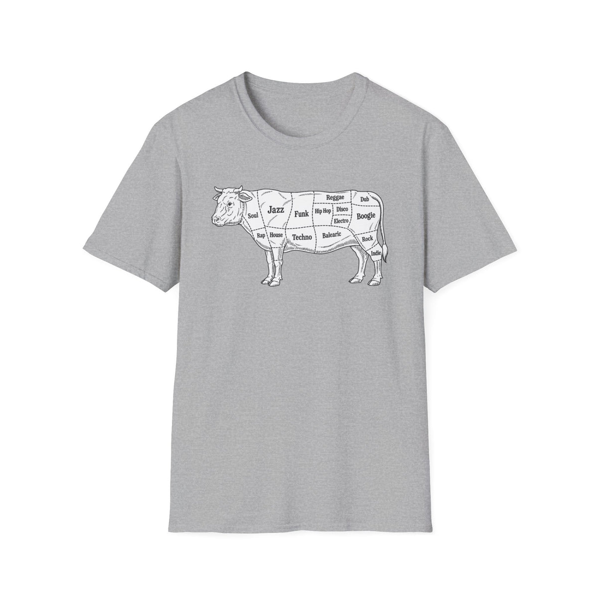 Grey t-shirt with a line drawing of a cow labeled with music genres.