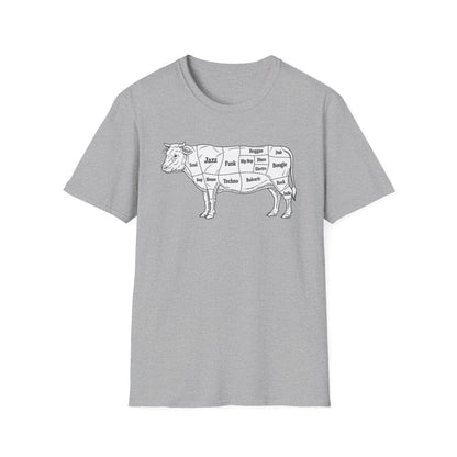 Grey t-shirt with a line drawing of a cow labeled with music genres.