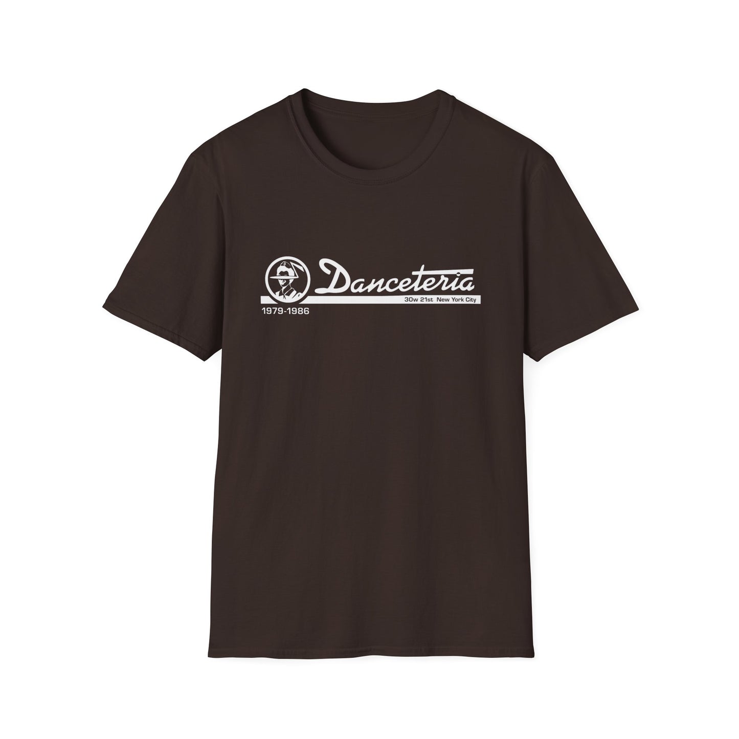 Brown t-shirt with white Danceteria logo, dates 1979-1986, and address.