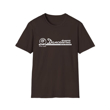 Brown t-shirt with white Danceteria logo, dates 1979-1986, and address.