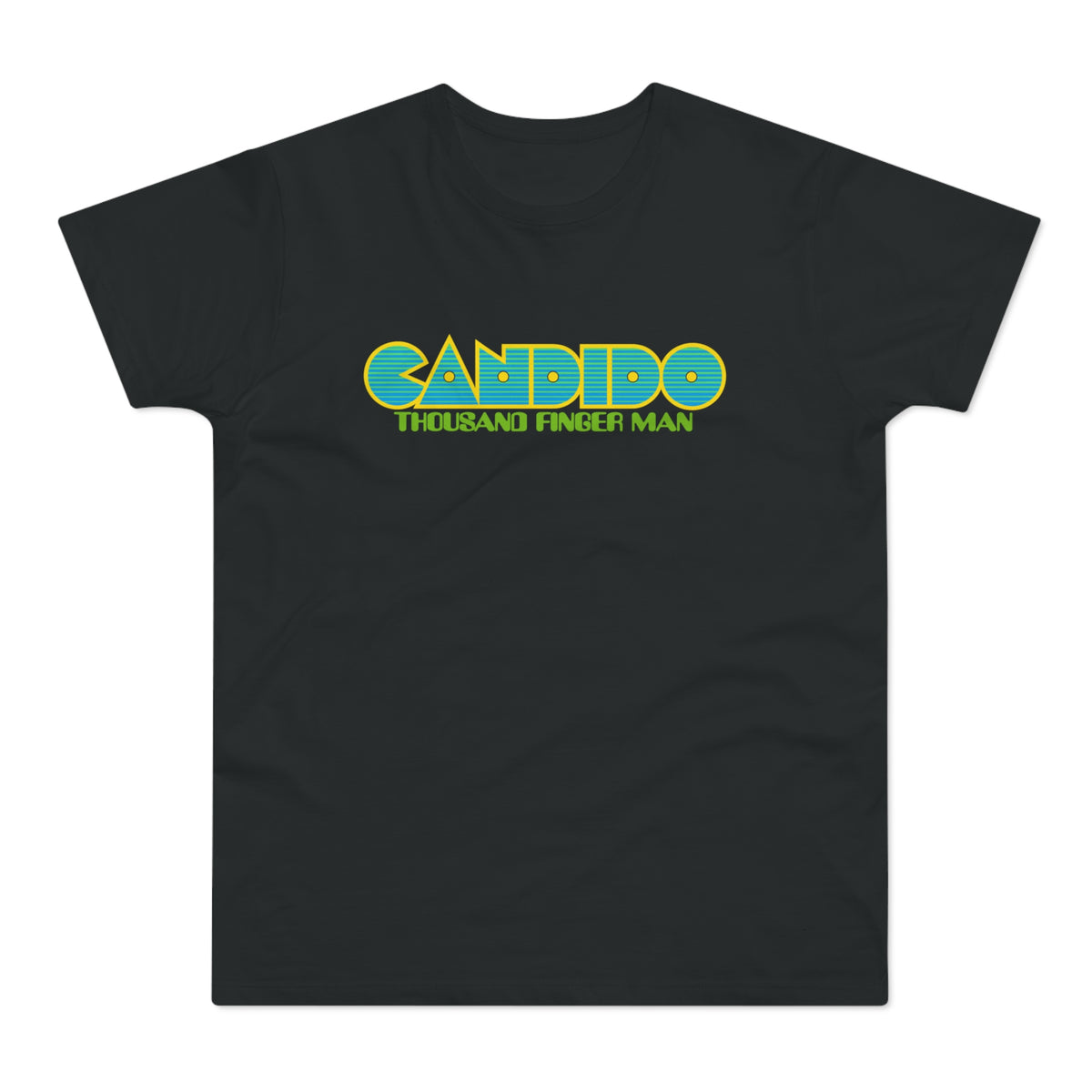 Black t-shirt with "CANDIDO THOUSAND FINGER MAN" text.