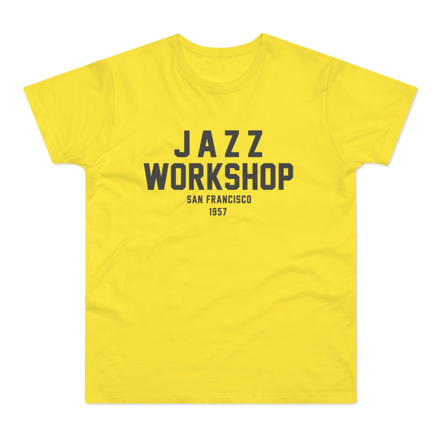 Yellow t-shirt with "JAZZ WORKSHOP SAN FRANCISCO 1957" text.