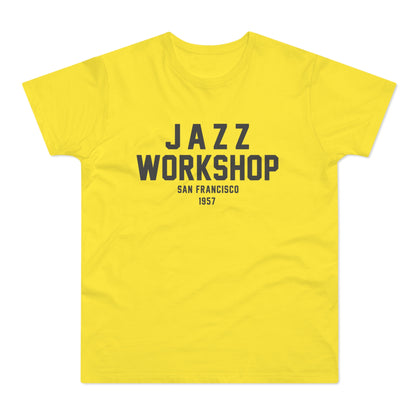 Yellow t-shirt with "JAZZ WORKSHOP SAN FRANCISCO 1957" text.