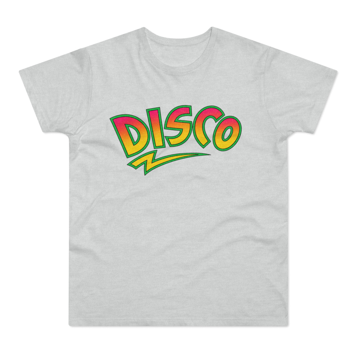 Light grey t-shirt with "DISCO" text in a colorful, stylized font.