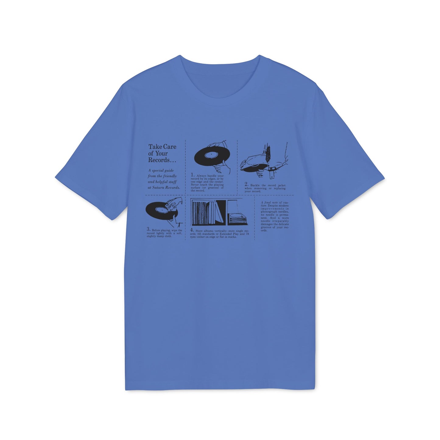 T-shirt featuring illustrated guide: "Take Care of Your Records..." with four numbered steps.