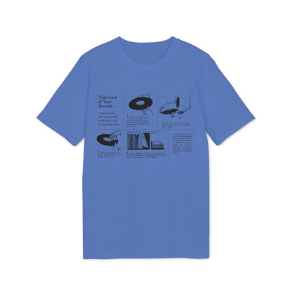 T-shirt featuring illustrated guide: "Take Care of Your Records..." with four numbered steps.
