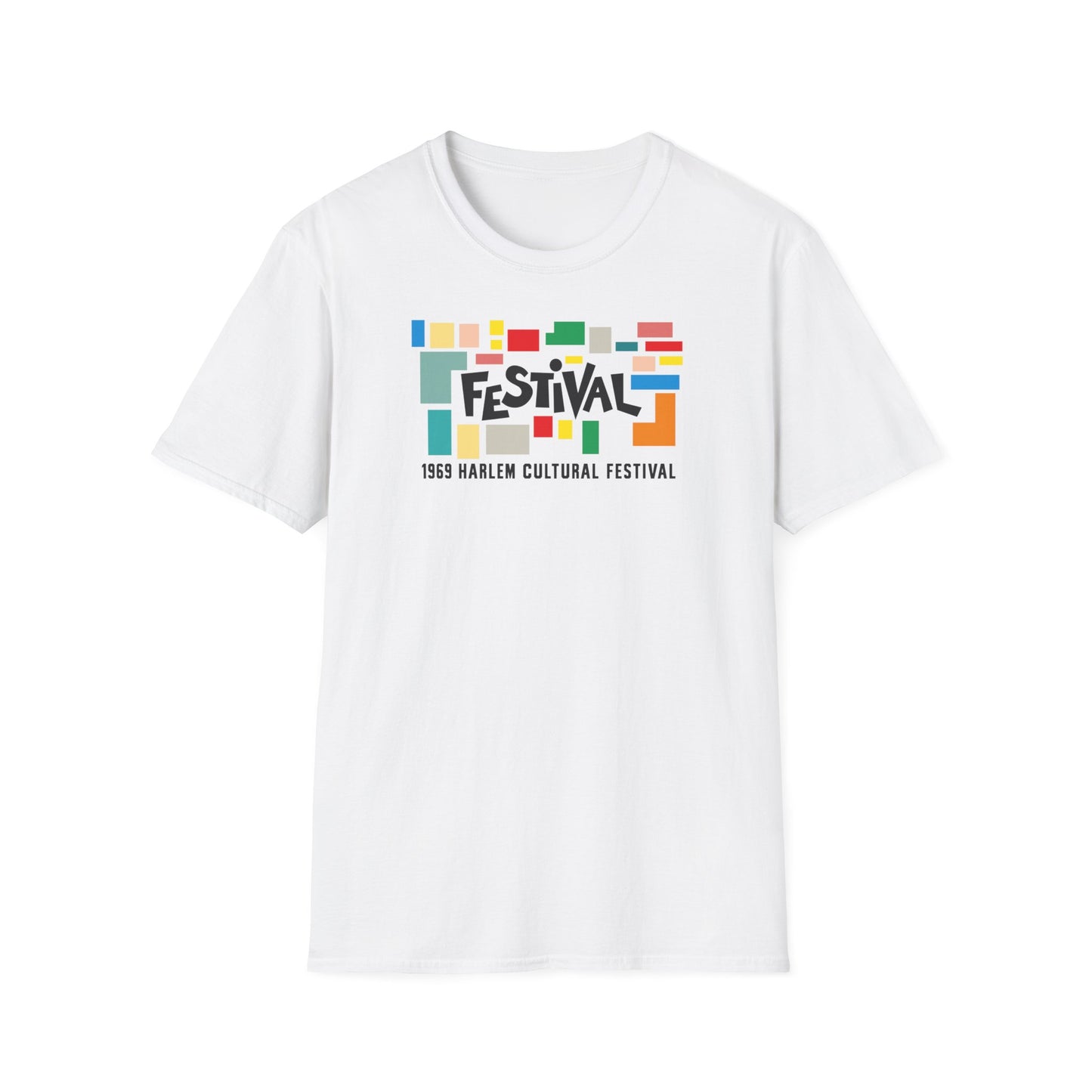 White t-shirt with colorful "FESTIVAL" logo and "1969 HARLEM CULTURAL FESTIVAL" text.