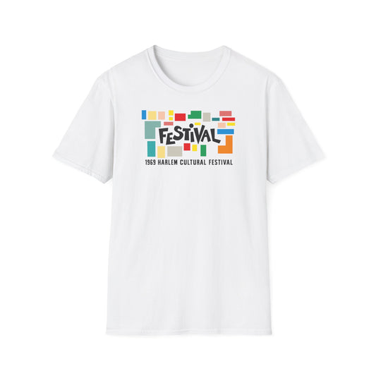 White t-shirt with colorful "FESTIVAL" logo and "1969 HARLEM CULTURAL FESTIVAL" text.