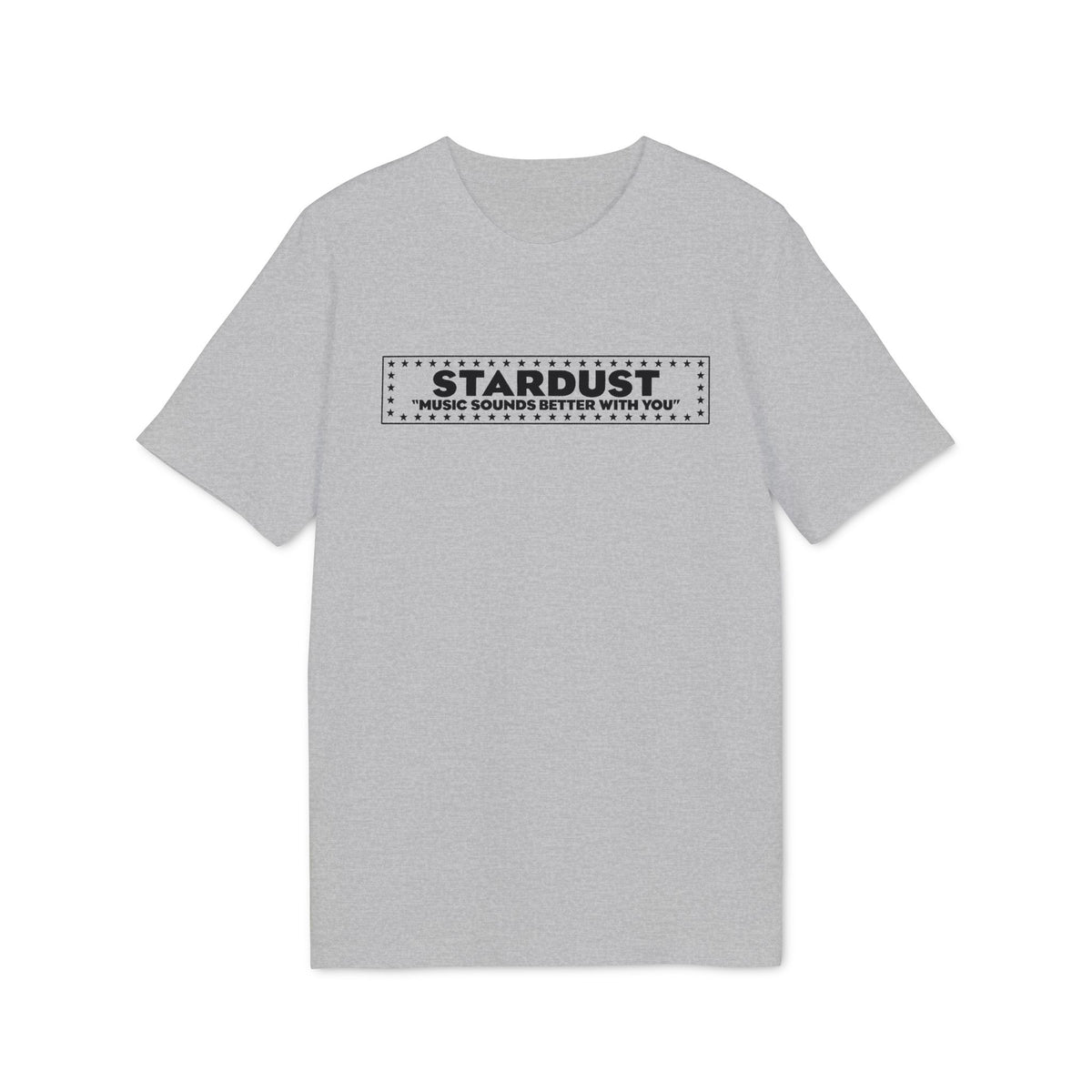 Heather grey short-sleeved t-shirt with a centered black box graphic featuring stars and text.