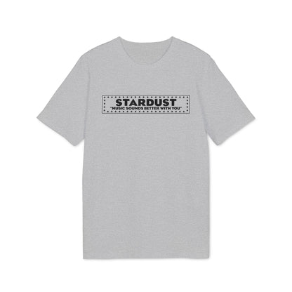 Heather grey short-sleeved t-shirt with a centered black box graphic featuring stars and text.