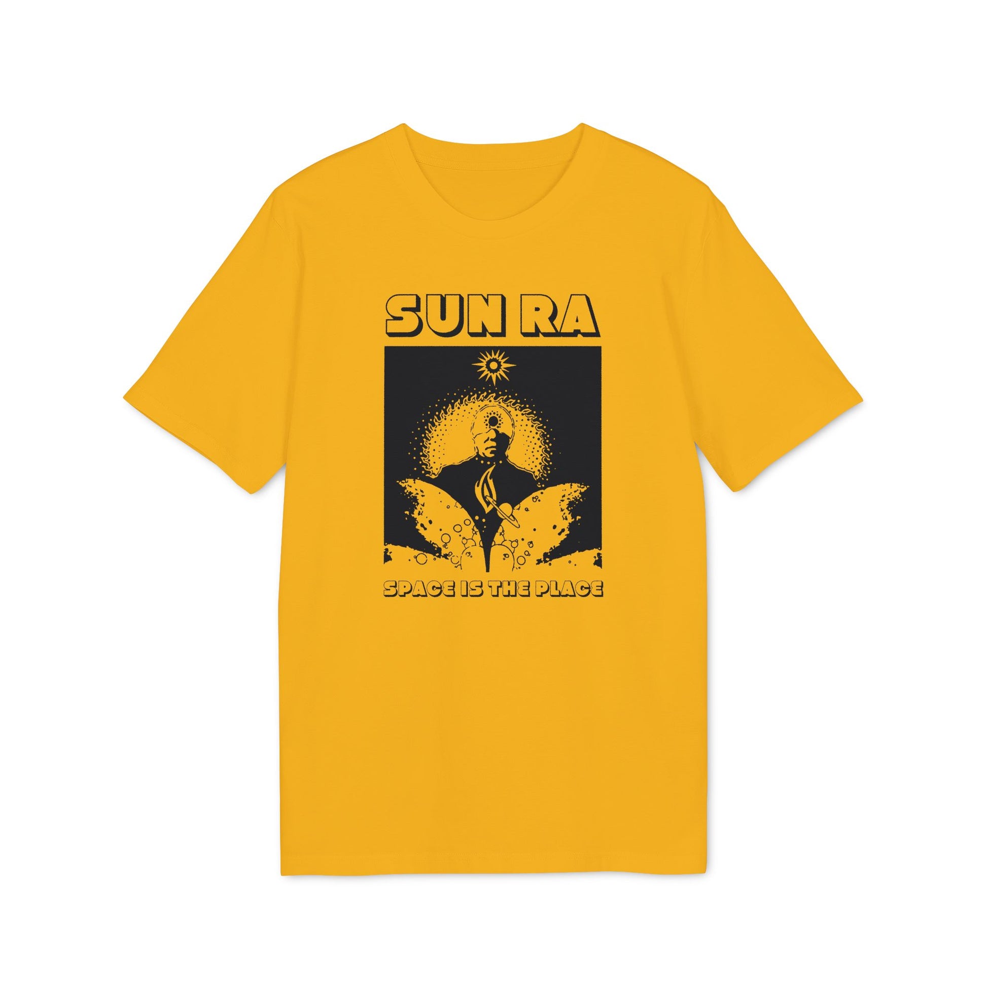 Yellow t-shirt with black graphic of Sun Ra and text "SPACE IS THE PLACE".