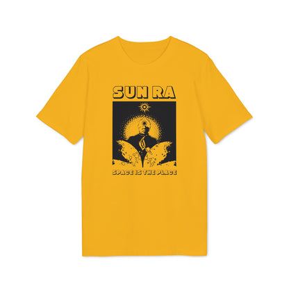 Yellow t-shirt with black graphic of Sun Ra and text "SPACE IS THE PLACE".