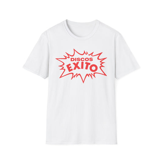 White t-shirt with red "DISCOS" and "EXITO" text in a starburst design.