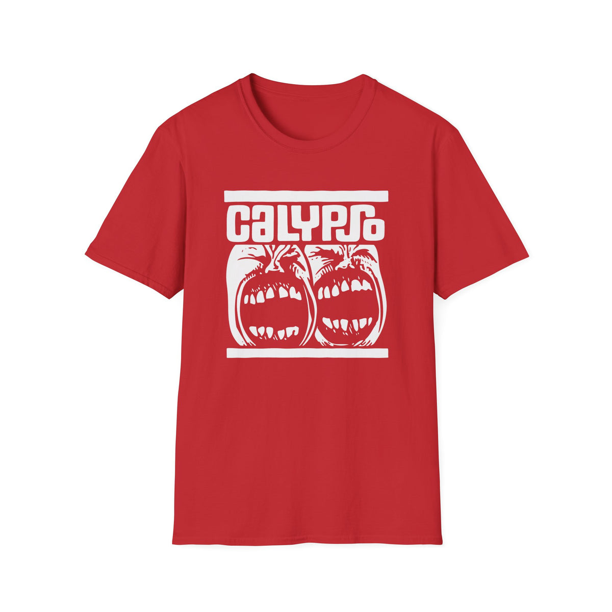 Red t-shirt with white "CALYPSO" text and screaming faces graphic.