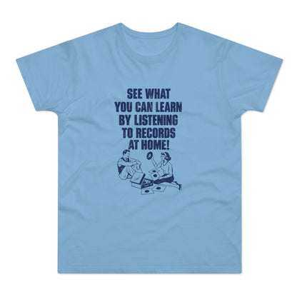 Light blue t-shirt with text and vintage illustration of a couple listening to records.