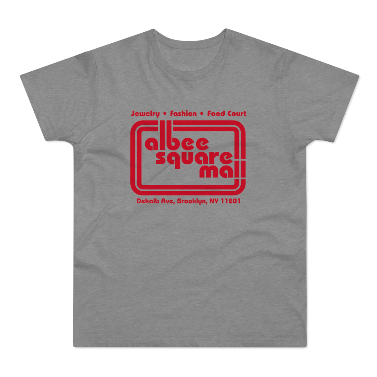 Grey t-shirt with red "Albee Square Mall" logo and Brooklyn address.